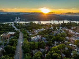 Aerial photo of a Franklin Delano Roosevelt Mid-Hudson Bridge over the Hudson River, Poughkeepsie NY over the Hudson River